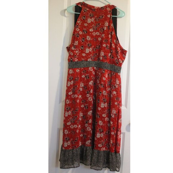 Catos Red Floral Midi Wrap Dress Women's 22W V-Neck Tie Waist Ruffle Tulip Hem - Picture 2 of 7